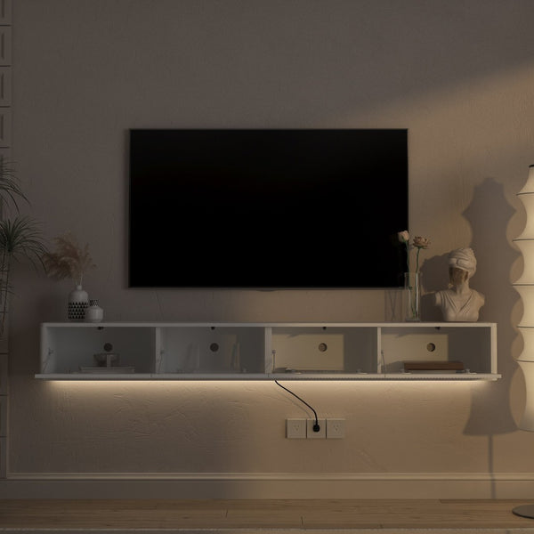 English Elm Floating Wall Mounted Media Shelf with Led Lighting Power Outlet High Gloss Living Room White W1321P409035
