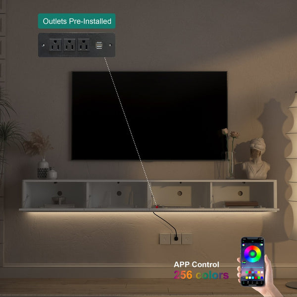 English Elm Floating Wall Mounted Media Shelf with Led Lighting Power Outlet High Gloss Living Room White W1321P409035