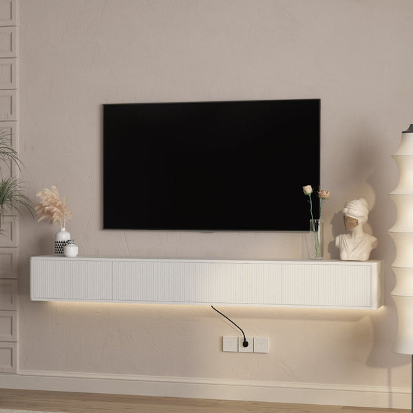English Elm Floating Wall Mounted Media Shelf with Led Lighting Power Outlet High Gloss Living Room White W1321P409035