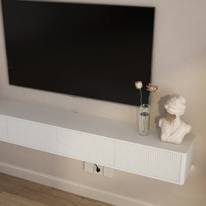 English Elm Floating Wall Mounted Media Shelf with Led Lighting Power Outlet High Gloss Living Room White W1321P409035