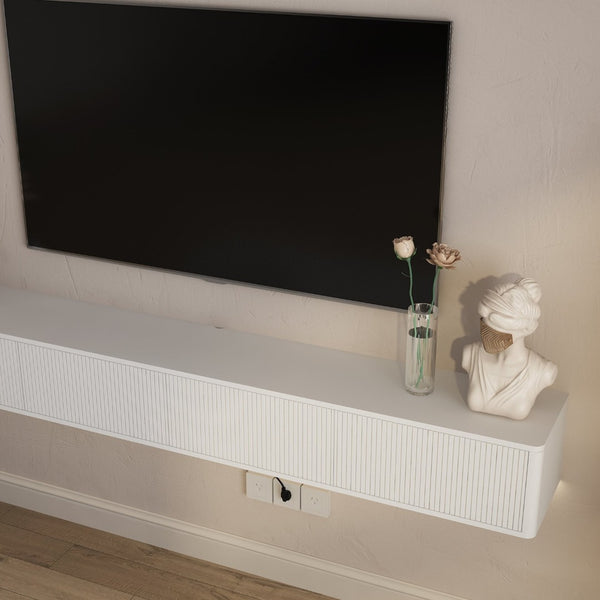 English Elm Floating Wall Mounted Media Shelf with Led Lighting Power Outlet High Gloss Living Room White W1321P409035