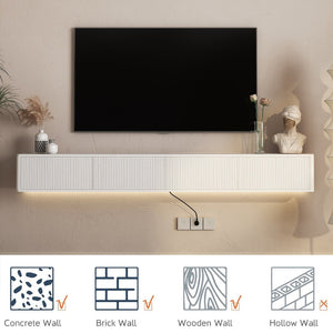 English Elm Floating Wall Mounted Media Shelf with Led Lighting Power Outlet High Gloss Living Room White W1321P409035