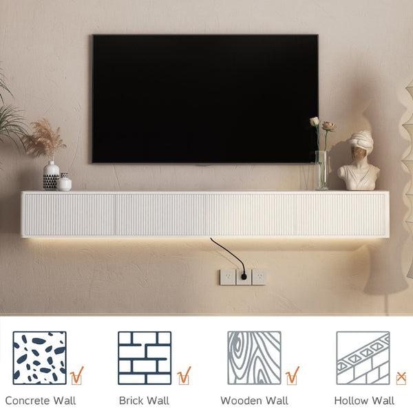 English Elm Floating Wall Mounted Media Shelf with Led Lighting Power Outlet High Gloss Living Room White W1321P409035