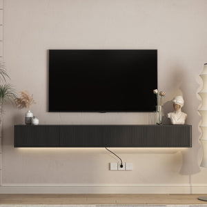English Elm Floating Wall Mounted Media Shelf with Led Lighting Power Outlet High Gloss Living Room Black W1321P409044