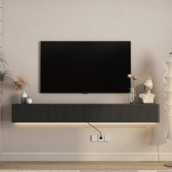 English Elm Floating Wall Mounted Media Shelf with Led Lighting Power Outlet High Gloss Living Room Black W1321P409044