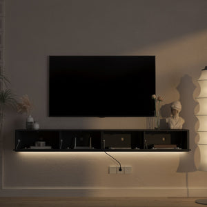English Elm Floating Wall Mounted Media Shelf with Led Lighting Power Outlet High Gloss Living Room Black W1321P409044