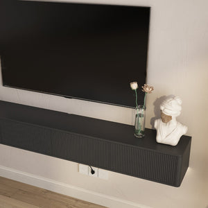English Elm Floating Wall Mounted Media Shelf with Led Lighting Power Outlet High Gloss Living Room Black W1321P409044