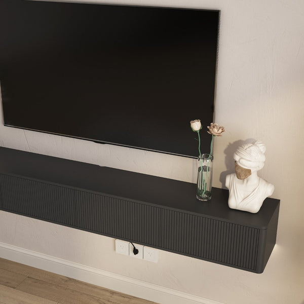 English Elm Floating Wall Mounted Media Shelf with Led Lighting Power Outlet High Gloss Living Room Black W1321P409044