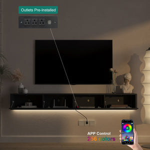 English Elm Floating Wall Mounted Media Shelf with Led Lighting Power Outlet High Gloss Living Room Black W1321P409044