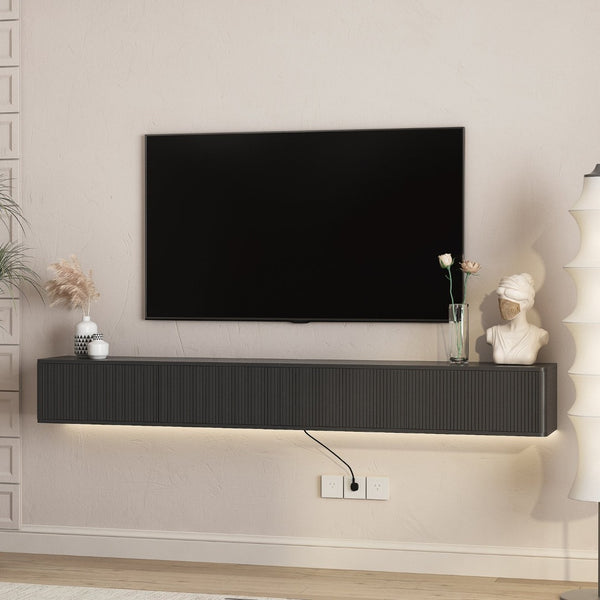 English Elm Floating Wall Mounted Media Shelf with Led Lighting Power Outlet High Gloss Living Room Black W1321P409044