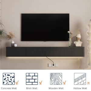 English Elm Floating Wall Mounted Media Shelf with Led Lighting Power Outlet High Gloss Living Room Black W1321P409044