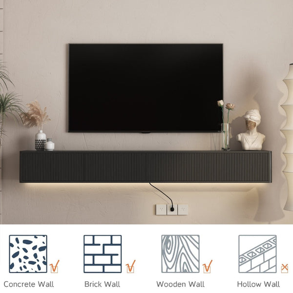 English Elm Floating Wall Mounted Media Shelf with Led Lighting Power Outlet High Gloss Living Room Black W1321P409044