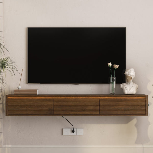 English Elm Floating Fluted TV Cabinet with LED Backlighting and Built-In Power Strip for Living Room Wood W1321P462626
