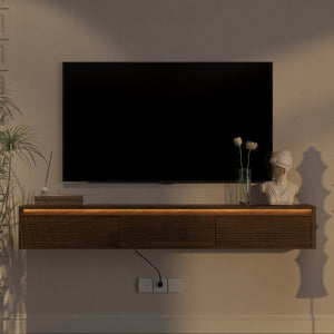 English Elm Floating Fluted TV Cabinet with LED Backlighting and Built-In Power Strip for Living Room Wood W1321P462626