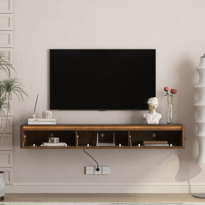 English Elm Floating Fluted TV Cabinet with LED Backlighting and Built-In Power Strip for Living Room Wood W1321P462626