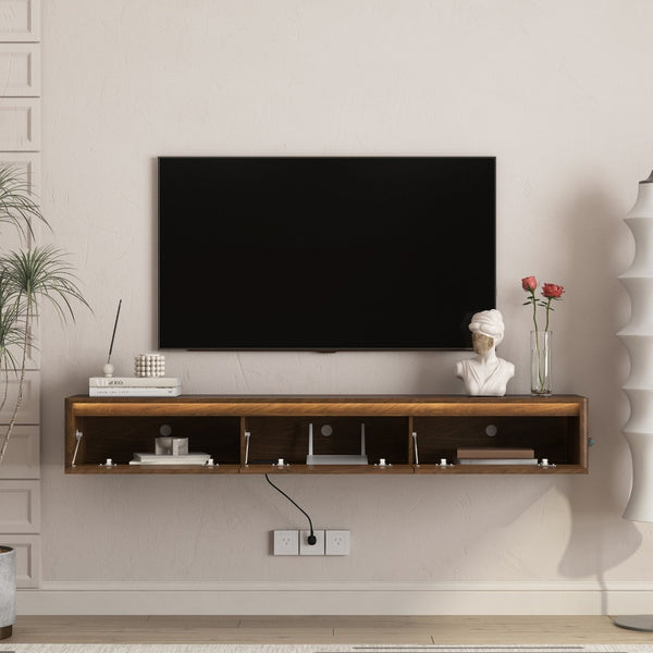 English Elm Floating Fluted TV Cabinet with LED Backlighting and Built-In Power Strip for Living Room Wood W1321P462626