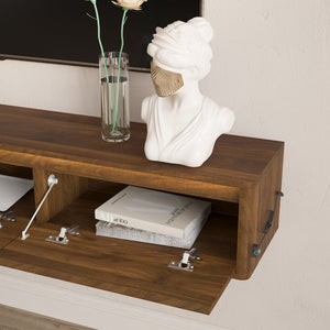English Elm Floating Fluted TV Cabinet with LED Backlighting and Built-In Power Strip for Living Room Wood W1321P462626