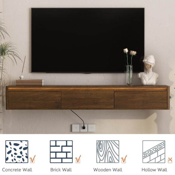 English Elm Floating Fluted TV Cabinet with LED Backlighting and Built-In Power Strip for Living Room Wood W1321P462626