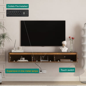 English Elm Floating Fluted TV Cabinet with LED Backlighting and Built-In Power Strip for Living Room Wood W1321P462626