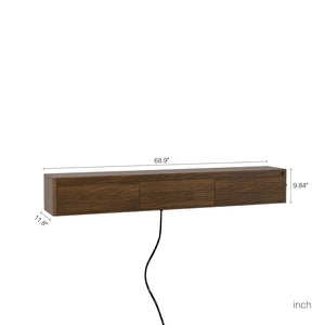 English Elm Floating Fluted TV Cabinet with LED Backlighting and Built-In Power Strip for Living Room Wood W1321P462626