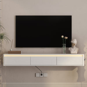 English Elm Floating Fluted TV Cabinet with LED Backlighting and Built-In Power Strip for Living Room White W1321P462640