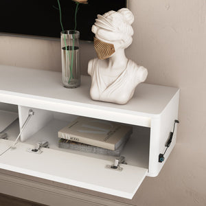 English Elm Floating Fluted TV Cabinet with LED Backlighting and Built-In Power Strip for Living Room White W1321P462640