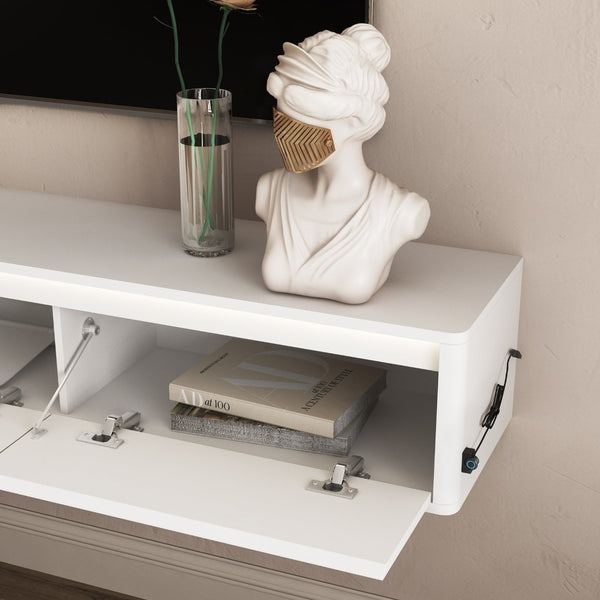 English Elm Floating Fluted TV Cabinet with LED Backlighting and Built-In Power Strip for Living Room White W1321P462640