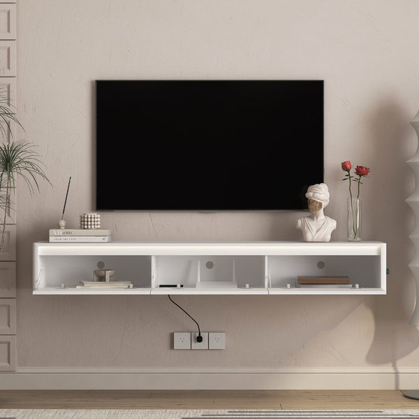 English Elm Floating Fluted TV Cabinet with LED Backlighting and Built-In Power Strip for Living Room White W1321P462640