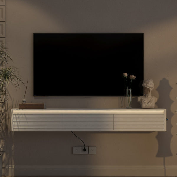 English Elm Floating Fluted TV Cabinet with LED Backlighting and Built-In Power Strip for Living Room White W1321P462640