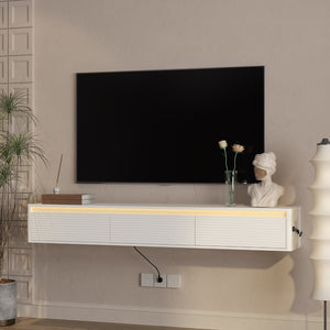 English Elm Floating Fluted TV Cabinet with LED Backlighting and Built-In Power Strip for Living Room White W1321P462640