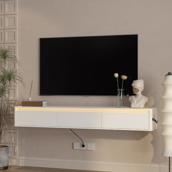 English Elm Floating Fluted TV Cabinet with LED Backlighting and Built-In Power Strip for Living Room White W1321P462640