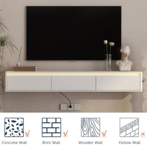 English Elm Floating Fluted TV Cabinet with LED Backlighting and Built-In Power Strip for Living Room White W1321P462640
