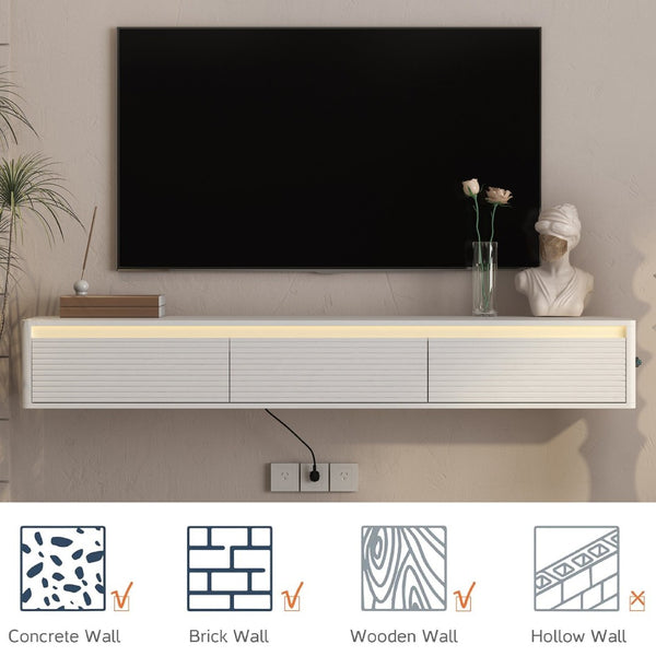 English Elm Floating Fluted TV Cabinet with LED Backlighting and Built-In Power Strip for Living Room White W1321P462640