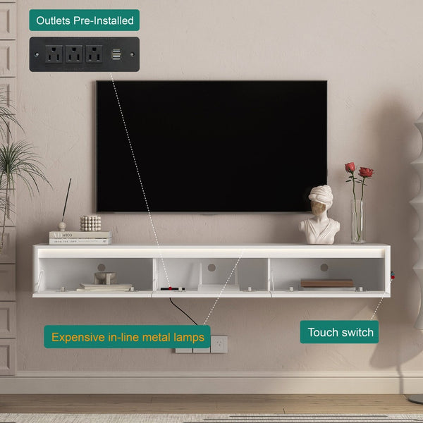 English Elm Floating Fluted TV Cabinet with LED Backlighting and Built-In Power Strip for Living Room White W1321P462640