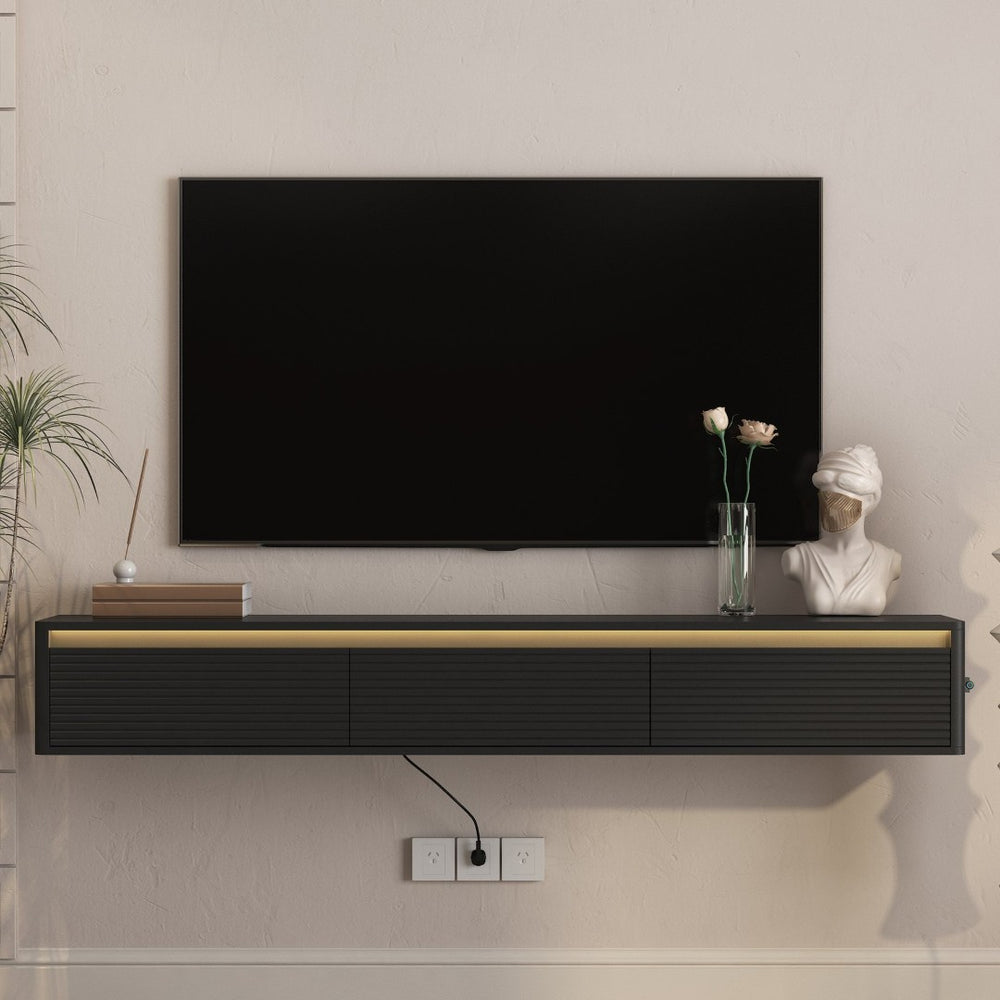 English Elm Floating Fluted TV Cabinet with LED Backlighting and Built-In Power Strip for Living Room Black W1321P462645