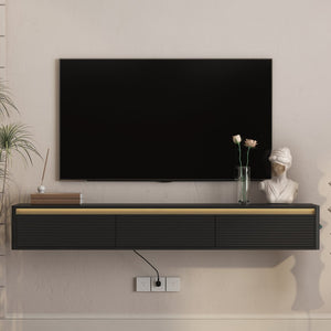 English Elm Floating Fluted TV Cabinet with LED Backlighting and Built-In Power Strip for Living Room Black W1321P462645