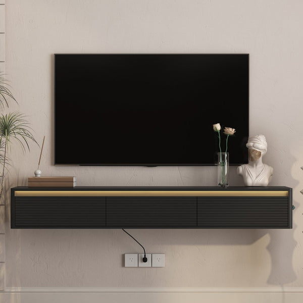 English Elm Floating Fluted TV Cabinet with LED Backlighting and Built-In Power Strip for Living Room Black W1321P462645