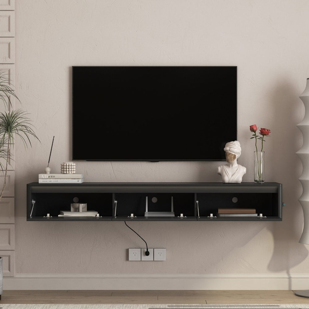 English Elm Floating Fluted TV Cabinet with LED Backlighting and Built-In Power Strip for Living Room Black W1321P462645