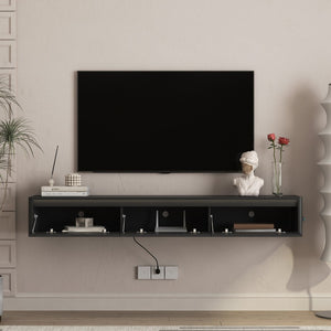 English Elm Floating Fluted TV Cabinet with LED Backlighting and Built-In Power Strip for Living Room Black W1321P462645