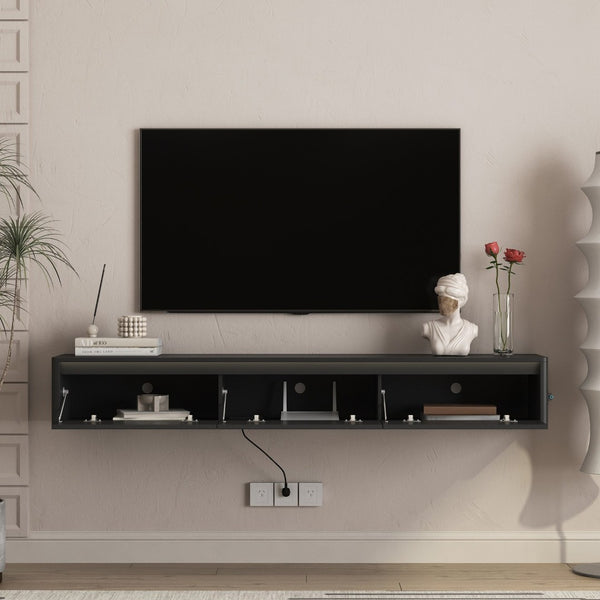English Elm Floating Fluted TV Cabinet with LED Backlighting and Built-In Power Strip for Living Room Black W1321P462645