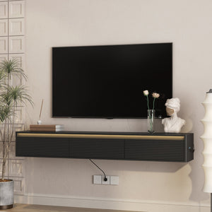 English Elm Floating Fluted TV Cabinet with LED Backlighting and Built-In Power Strip for Living Room Black W1321P462645