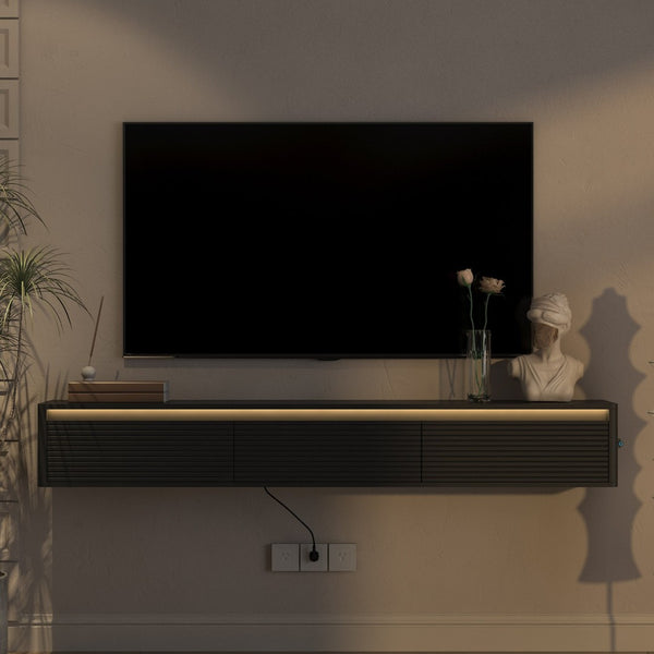 English Elm Floating Fluted TV Cabinet with LED Backlighting and Built-In Power Strip for Living Room Black W1321P462645