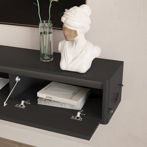 English Elm Floating Fluted TV Cabinet with LED Backlighting and Built-In Power Strip for Living Room Black W1321P462645