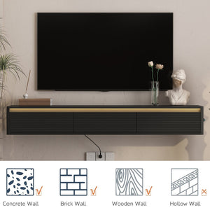 English Elm Floating Fluted TV Cabinet with LED Backlighting and Built-In Power Strip for Living Room Black W1321P462645