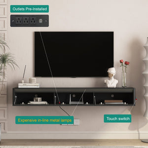 English Elm Floating Fluted TV Cabinet with LED Backlighting and Built-In Power Strip for Living Room Black W1321P462645