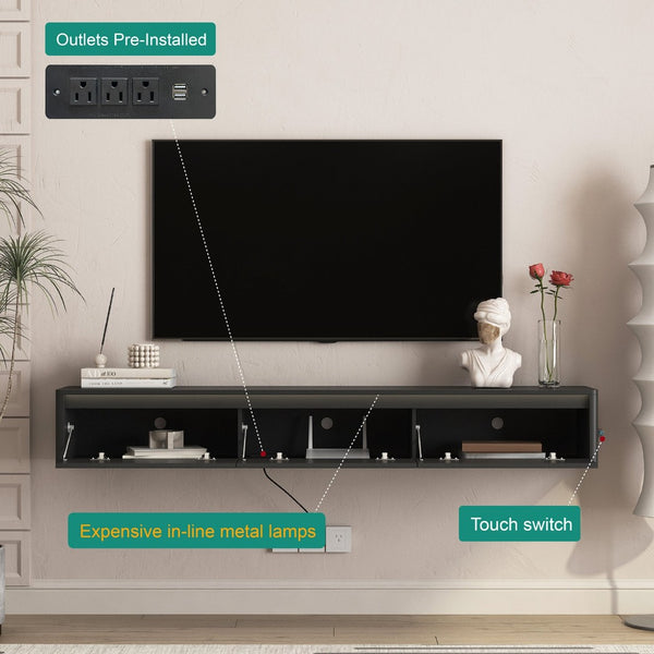 English Elm Floating Fluted TV Cabinet with LED Backlighting and Built-In Power Strip for Living Room Black W1321P462645