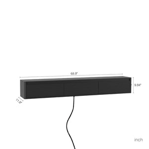 English Elm Floating Fluted TV Cabinet with LED Backlighting and Built-In Power Strip for Living Room Black W1321P462645