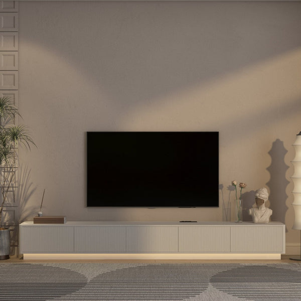 English Elm Modern Led Media Console Low Profile Wood Tv Stand with Ambient Lighting for Living Room White W1321P474623