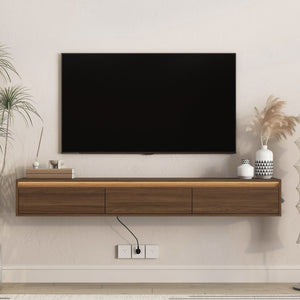 English Elm Floating Wall Mounted Tv Stand High Gloss Cabinet with Led Ambient Lighting Outlet W1321P474877