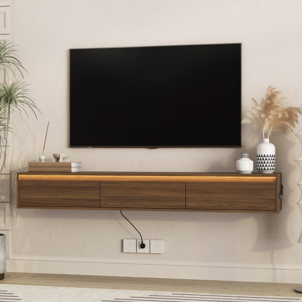 English Elm Floating Wall Mounted Tv Stand High Gloss Cabinet with Led Ambient Lighting Outlet W1321P474877